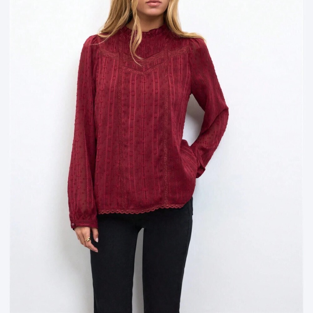 Burgundy Red Dobby Striped Lace Trim Ruffle Collar Long Sleeve Blouse